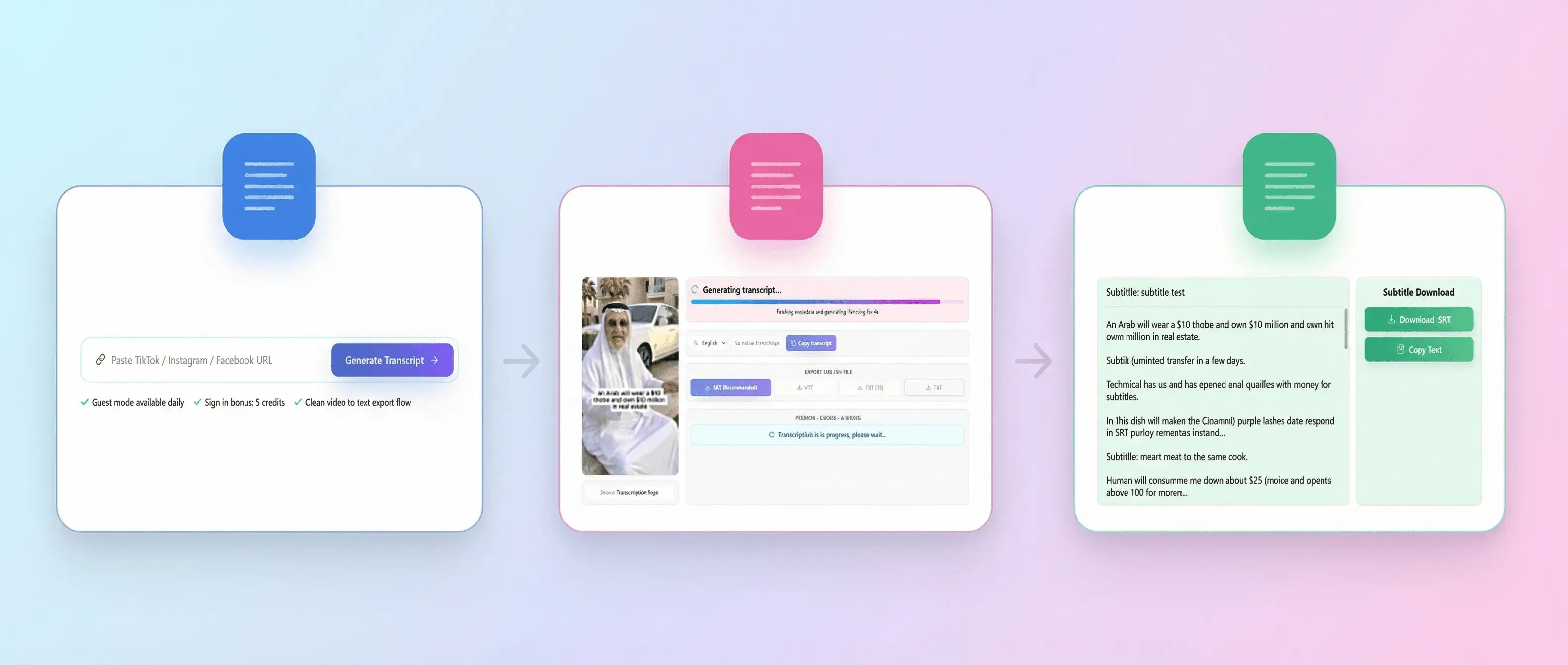 Three-step video to text process illustration for transcript generation and subtitle export